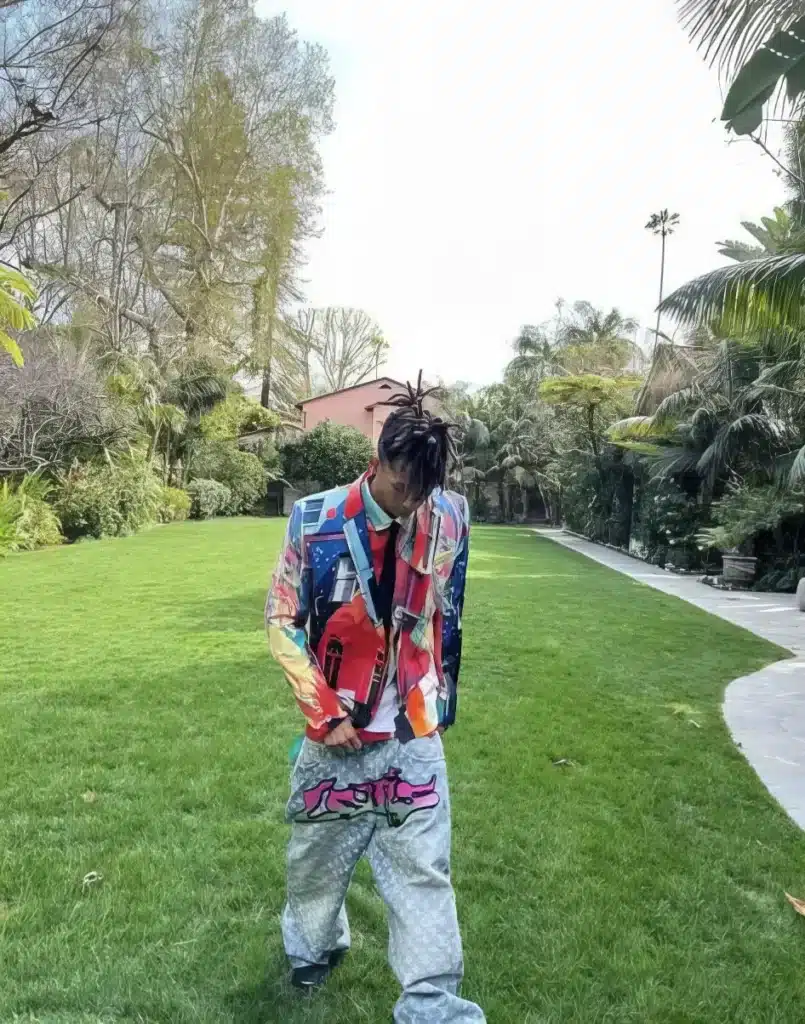 jaden wearing a multi colored suit jacket and blue louis vuitton denim pants