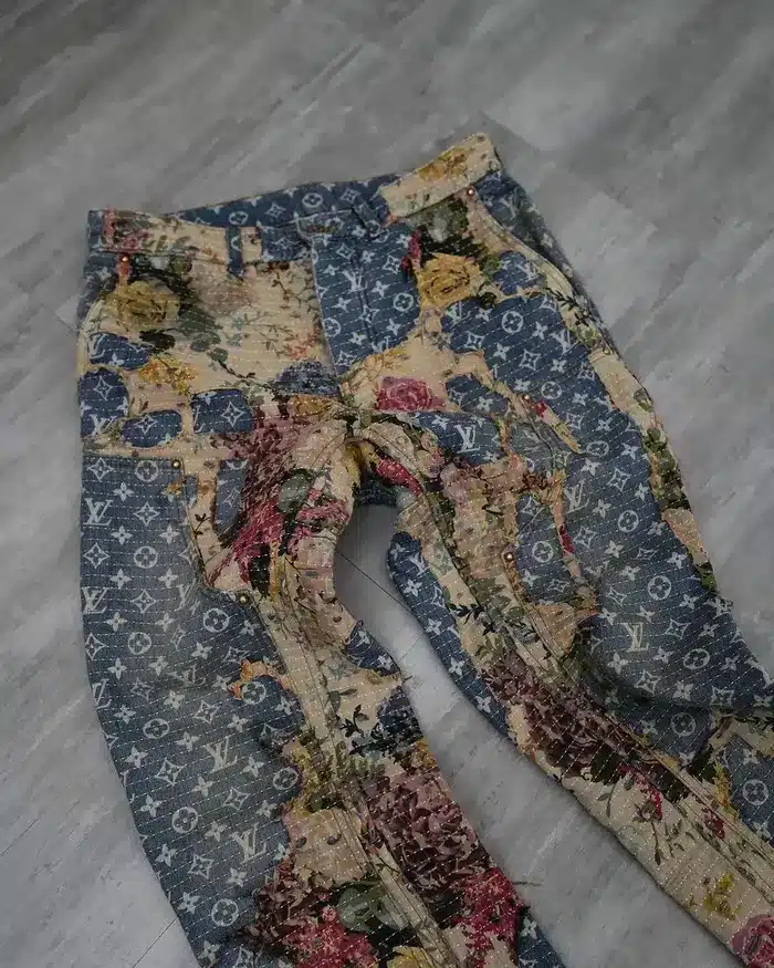 Louis vuitton all over print distressed blue denim jeans