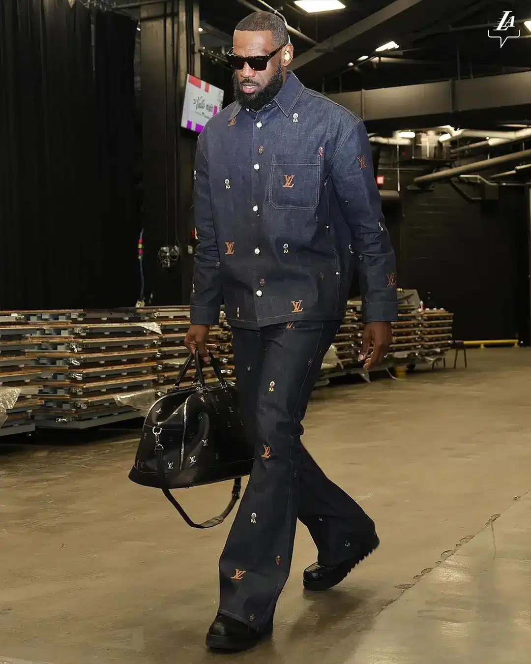 Lebron wearing an all denim pre game outfit with straight leg denim jeans