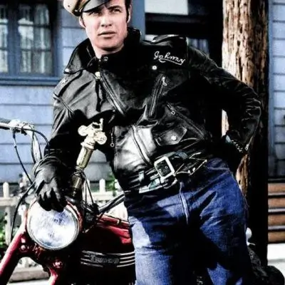 vintage image of marlon brando wearing his iconic leather jacket