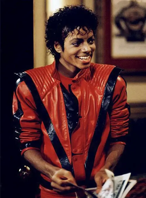 image of michael jackson wearing his iconic red lather outfit for the thriller music video