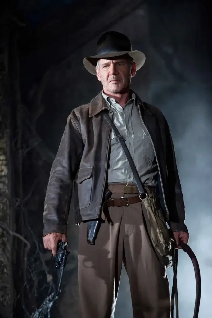 screenshot image of harrison ford wearing brown leather jacket from the indiana jones movie