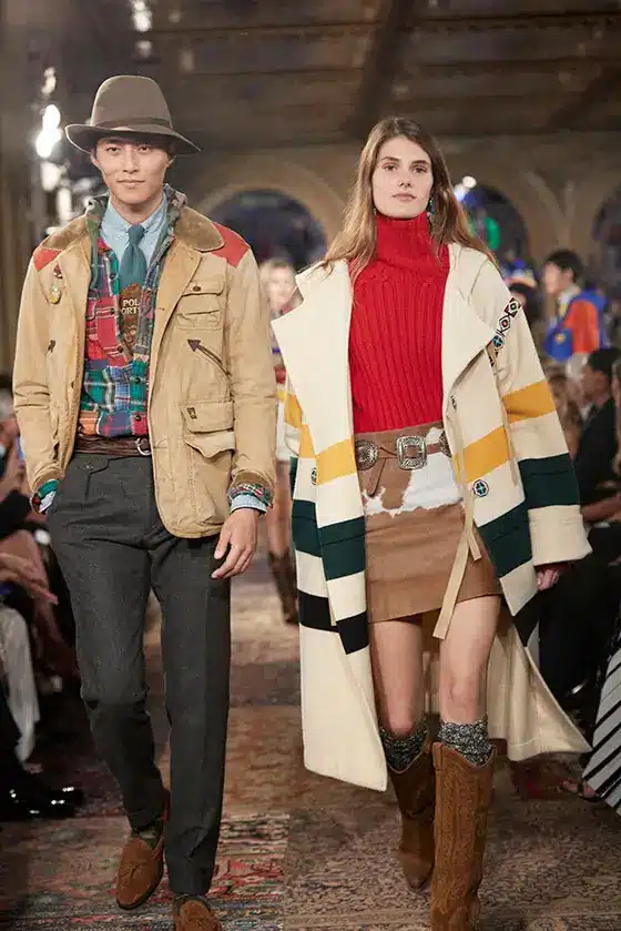 runway image of models walking for the 2018 fall Ralph Lauren show which has a distinct western theme