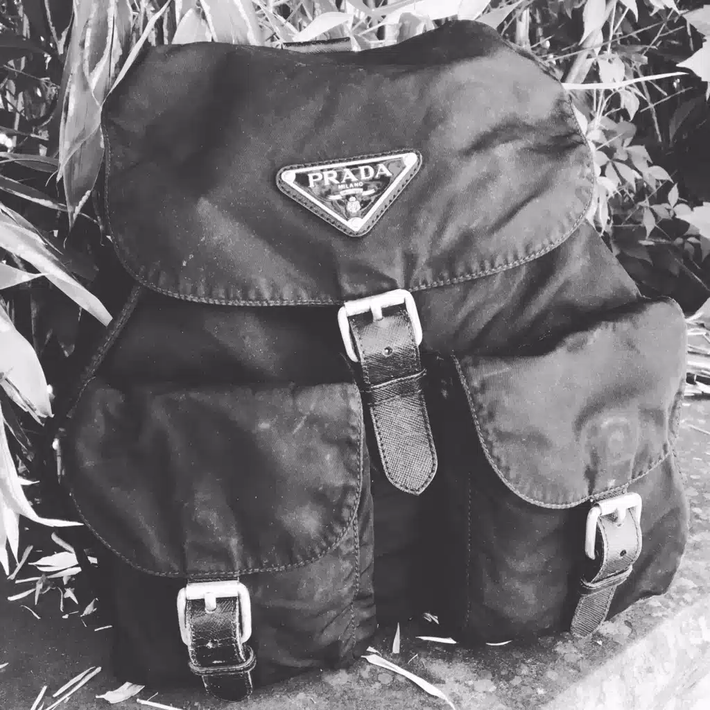 vintage black and white image of the Prada nylon backpack