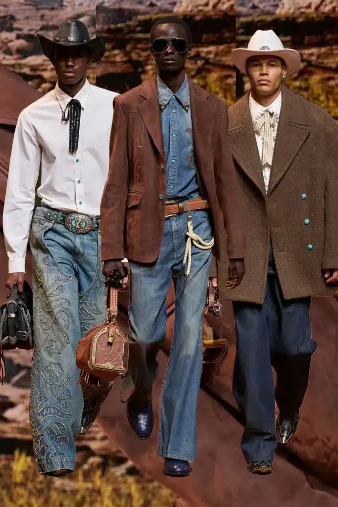 runway image of models dressed in western fashion attire for the Louis Vuitton Spring 2024 fashion show