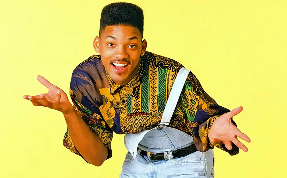 campaign image of will smith from the fresh prince of bel-air wearing 90s style clothing against a bright green background