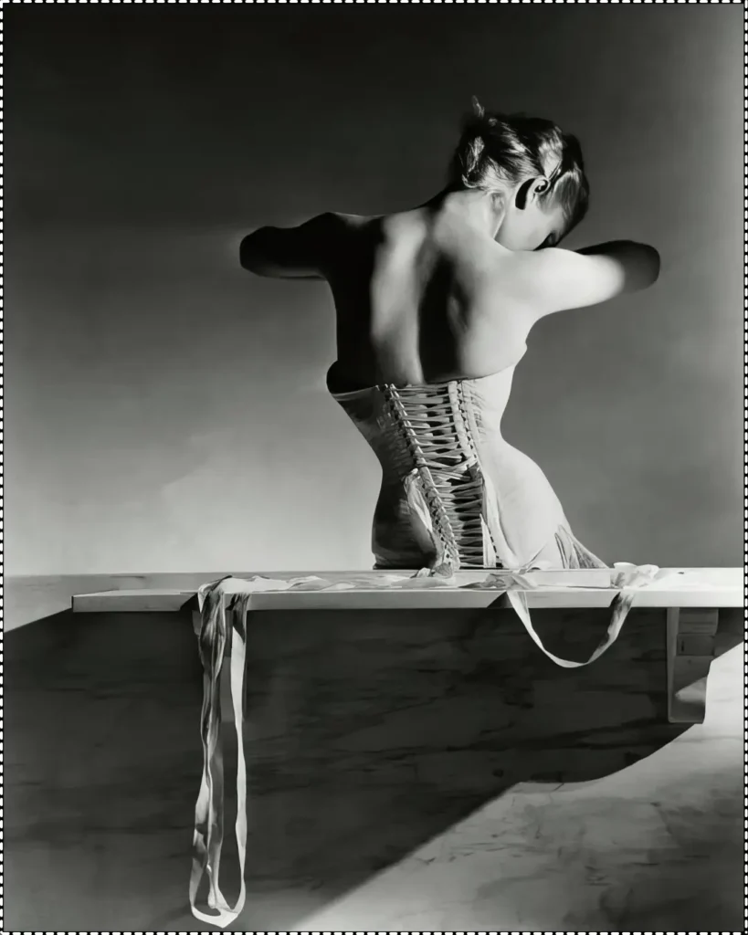 A classic black-and-white photograph by Horst P. Horst showing the back of a model wearing a tightly laced corset, sitting on a bench with long ribbons cascading down, highlighting the elegance and intricacy of the garment.