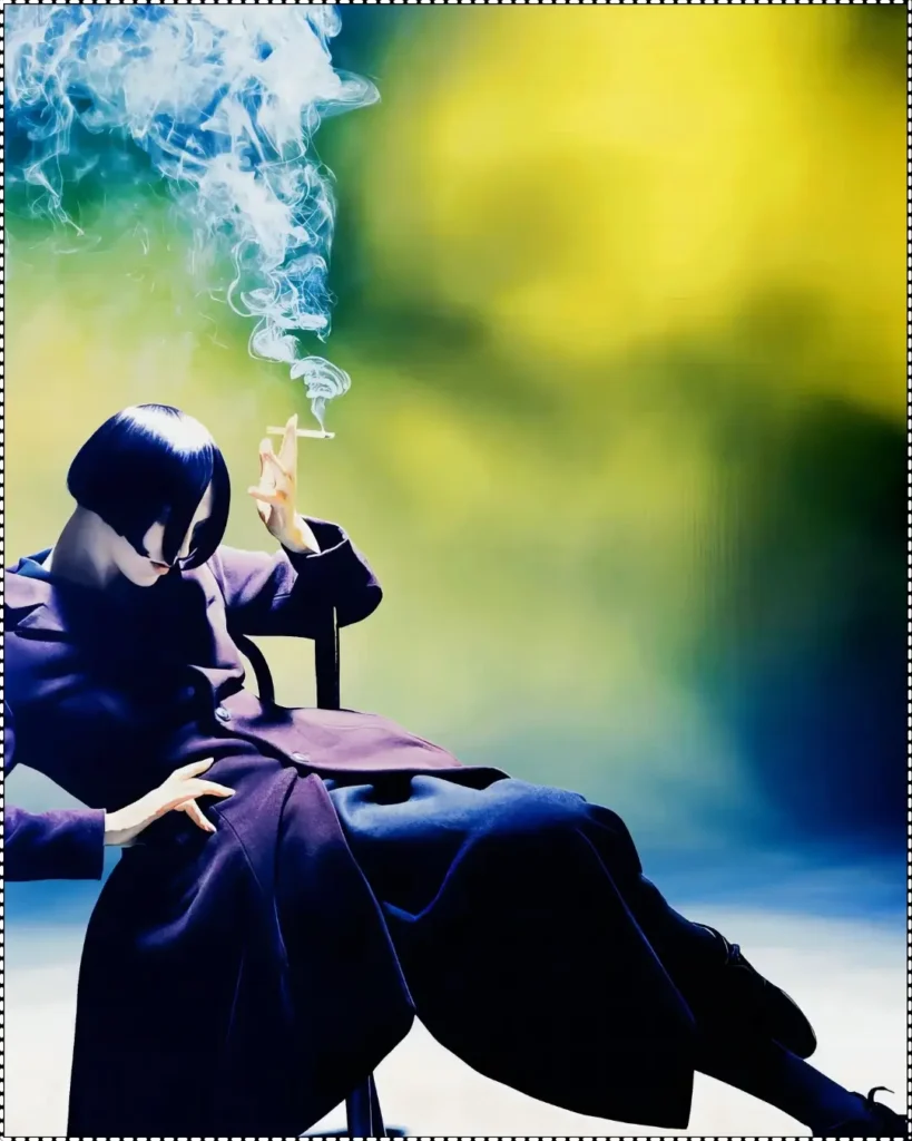 A high-fashion photo by Nick Knight of a model dressed in an avant-garde outfit, sitting with one arm raised, and smoke swirling around, set against a colorful blurred background.