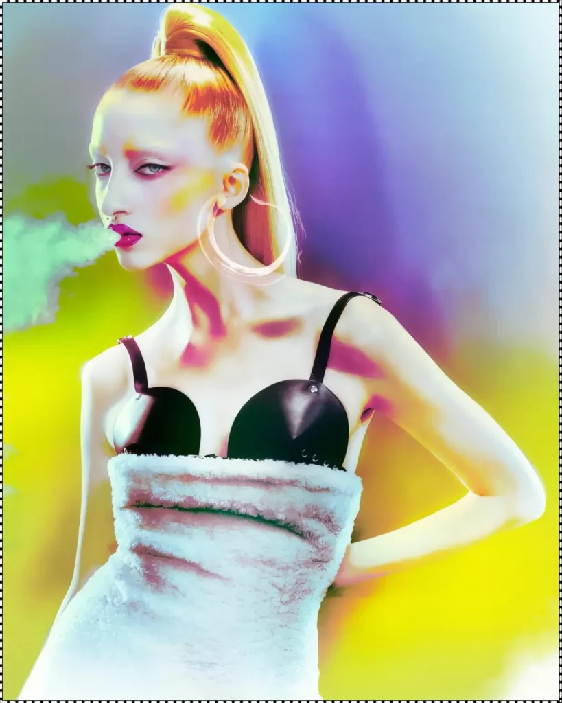 A futuristic fashion image by Elizaveta Porodina featuring a model with a high ponytail, dramatic makeup, and a bold outfit, exhaling smoke against a colorful gradient background.