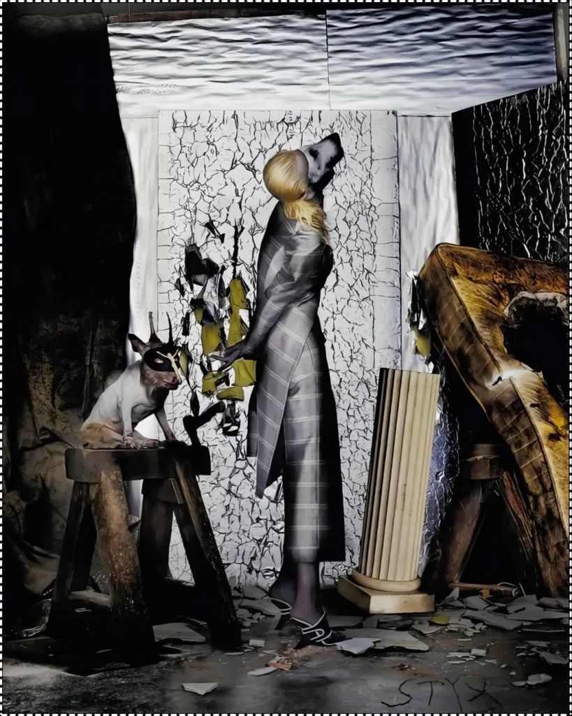 A surreal fashion photograph by Nick Knight featuring a model in a checked coat and mask, standing beside a dog wearing a mask, with a cracked and abstract background, broken columns, and scattered debris.