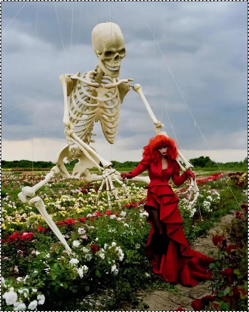 A surreal fashion photo by Tim Walker featuring a model with bright red hair in a dramatic red dress, standing in a field of flowers, accompanied by a giant skeleton puppet under a stormy sky.