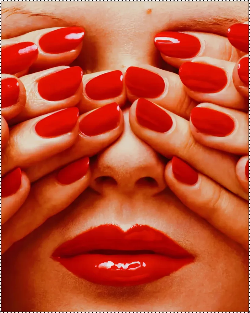 An extreme close-up image by Guy Bourdin showing a woman's face partially covered by hands with perfectly manicured red nails, emphasizing her glossy red lips.