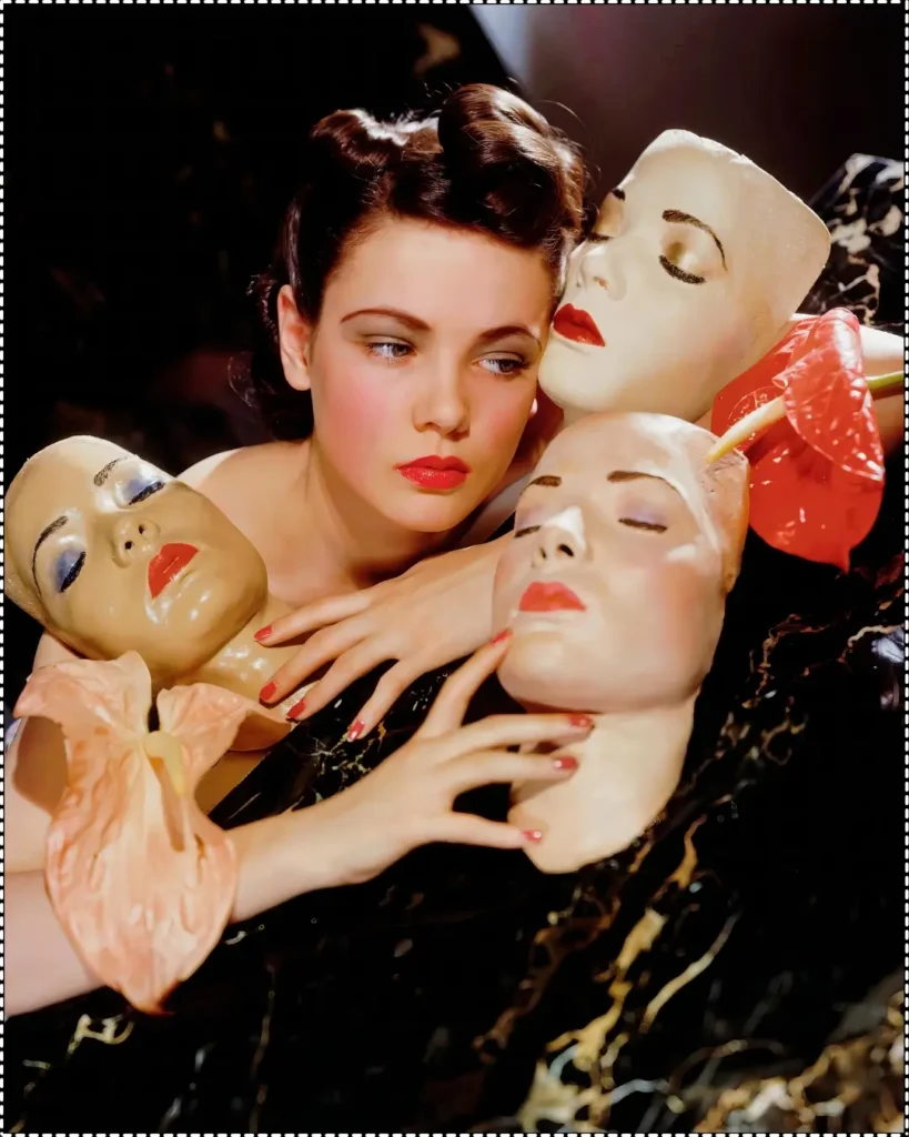 A vibrant color photograph by Horst P. Horst showcasing a woman with red lipstick and vintage hairstyle, posing thoughtfully among several mannequin heads with various makeup styles.