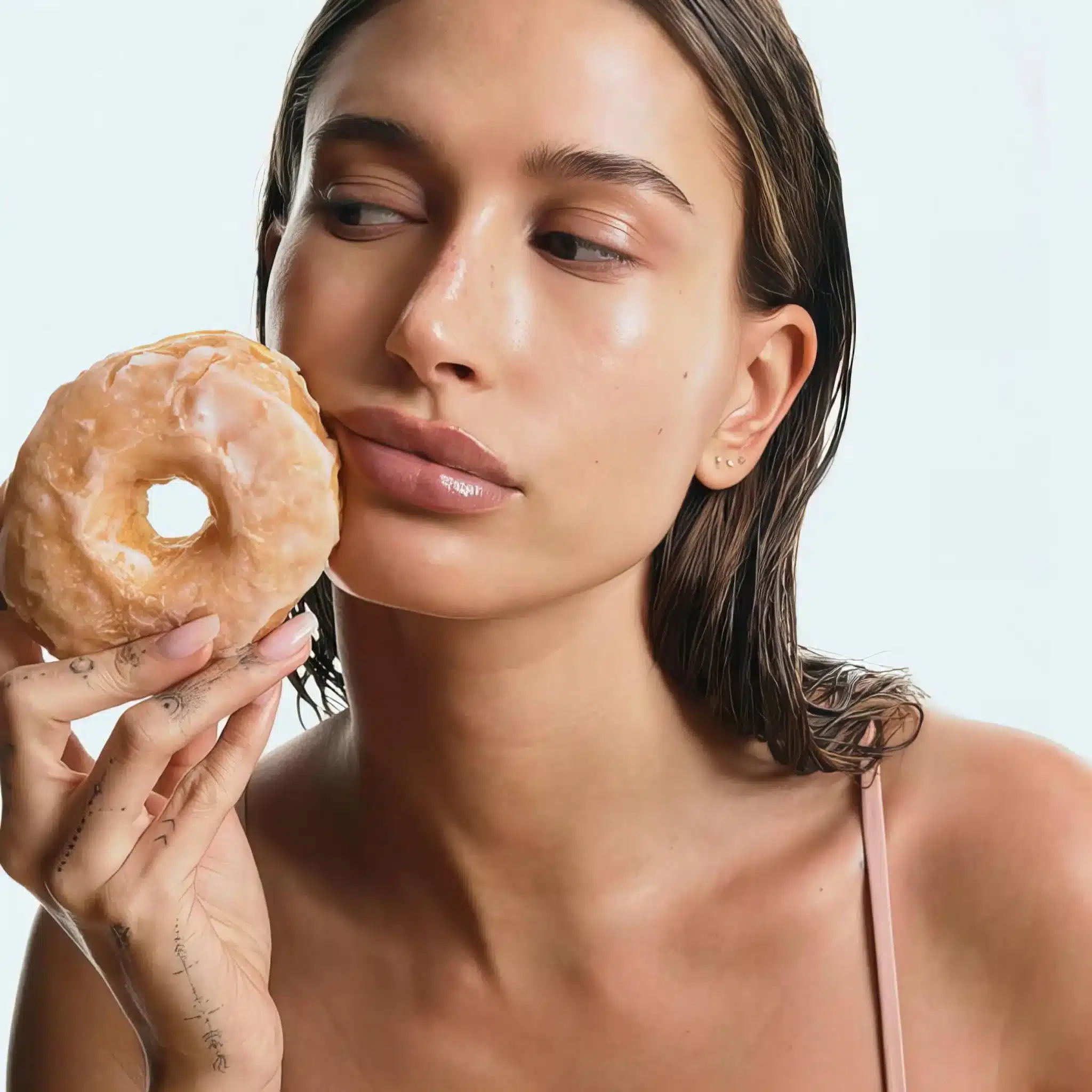 Hailey Bieber holding a glazed donut, showcasing her dewy, glazed donut skin look.