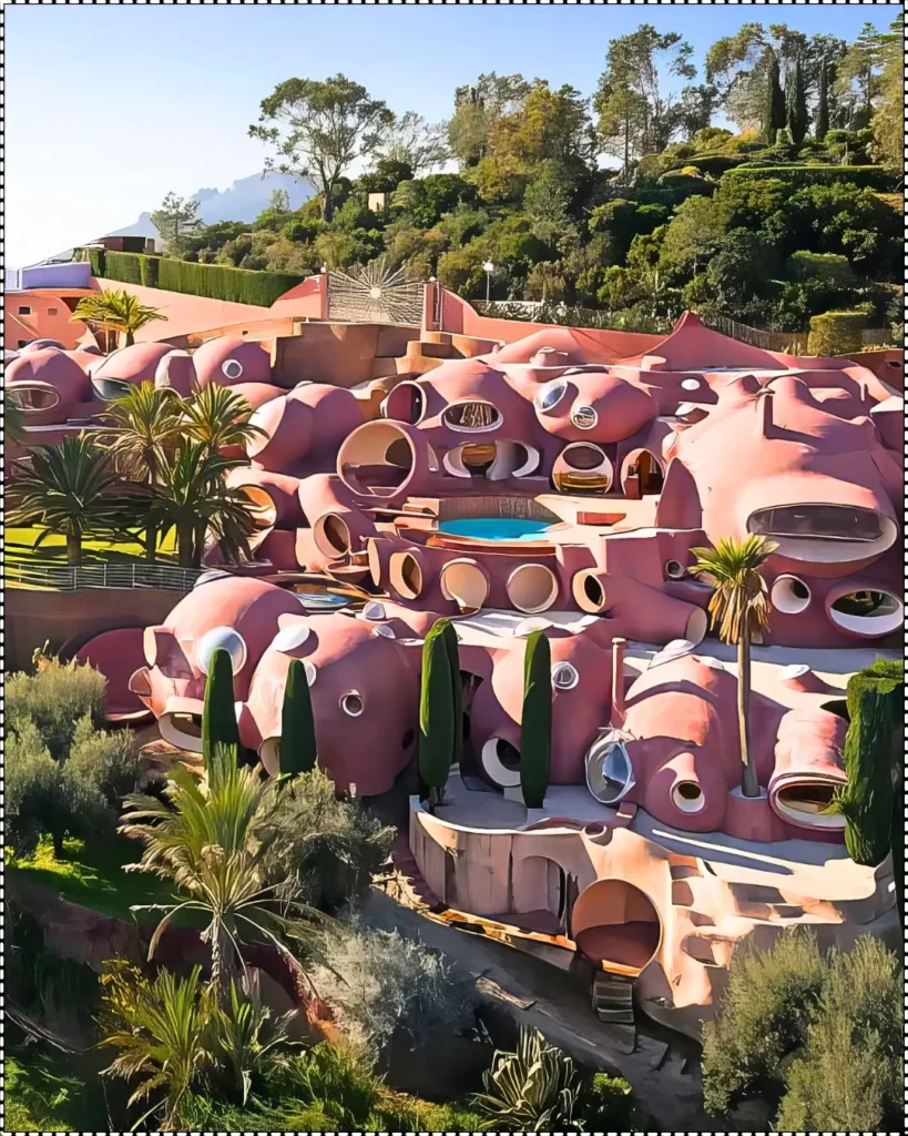 The iconic Bubble Palace in Cannes, France, with spherical structures and terracotta hues, owned by Pierre Cardin.