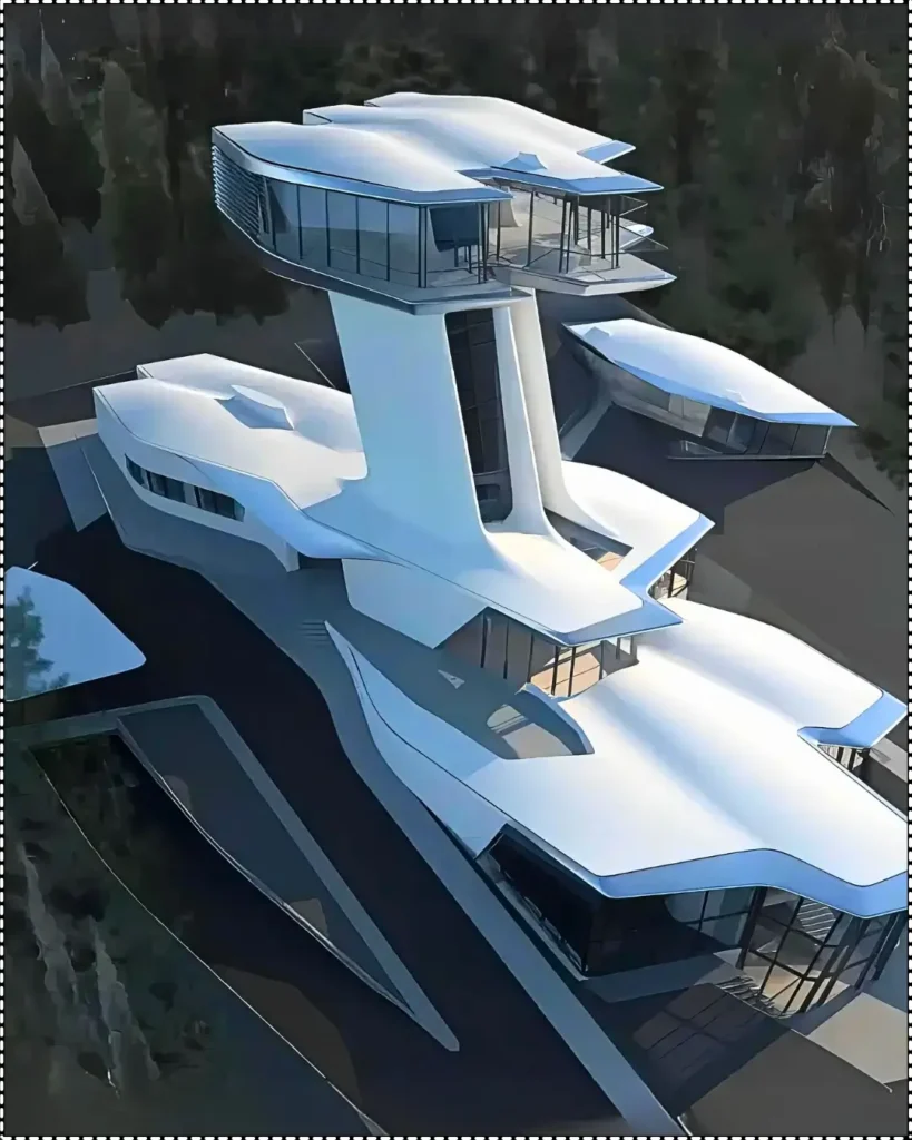 Exterior of Naomi Campbell’s house in Moscow, designed by Zaha Hadid, with futuristic architecture.