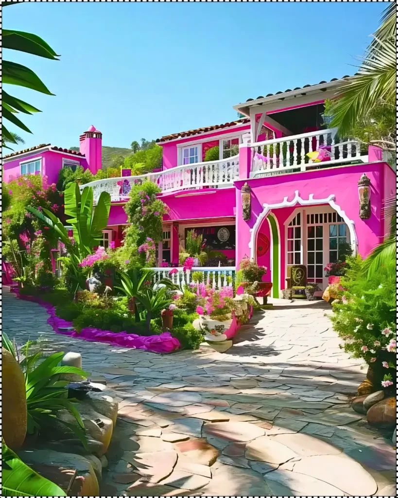 Exterior of Betsey Johnson’s Pink Malibu retreat, with bold pink walls and lush gardens.