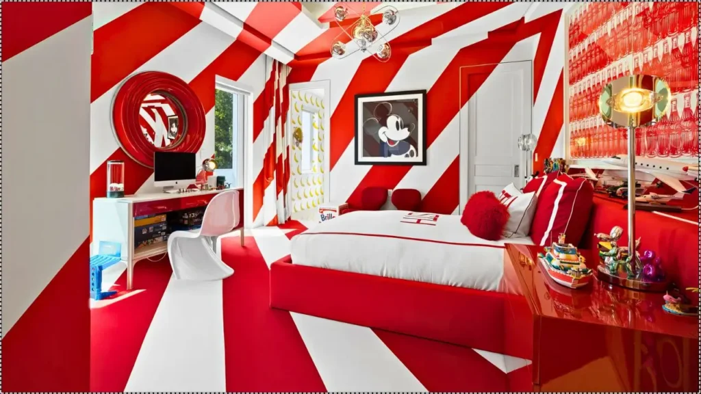 Pop Art-inspired bedroom in Tommy Hilfiger’s Miami mansion, with bold stripes and eclectic decor.