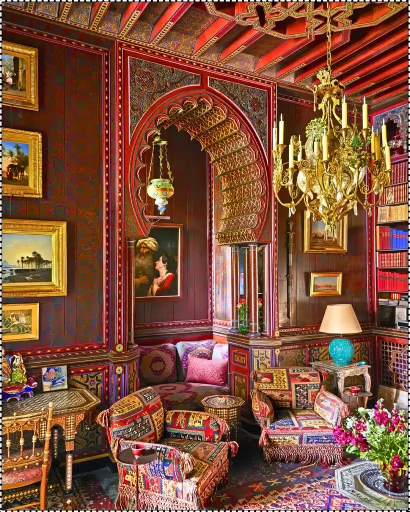 The interior of Yves Saint Laurent’s house in Marrakech, with intricate woodwork and vibrant textiles.