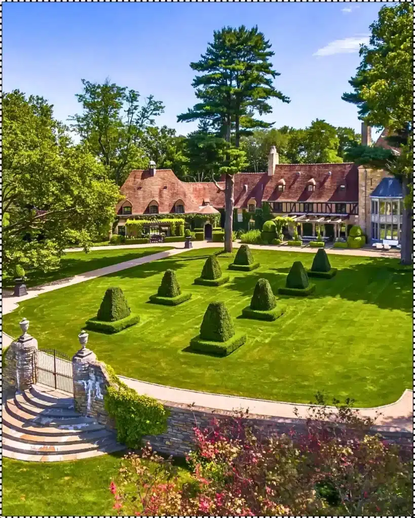 Exterior of Tommy Hilfiger’s estate in Greenwich, Connecticut, featuring classic American architecture.