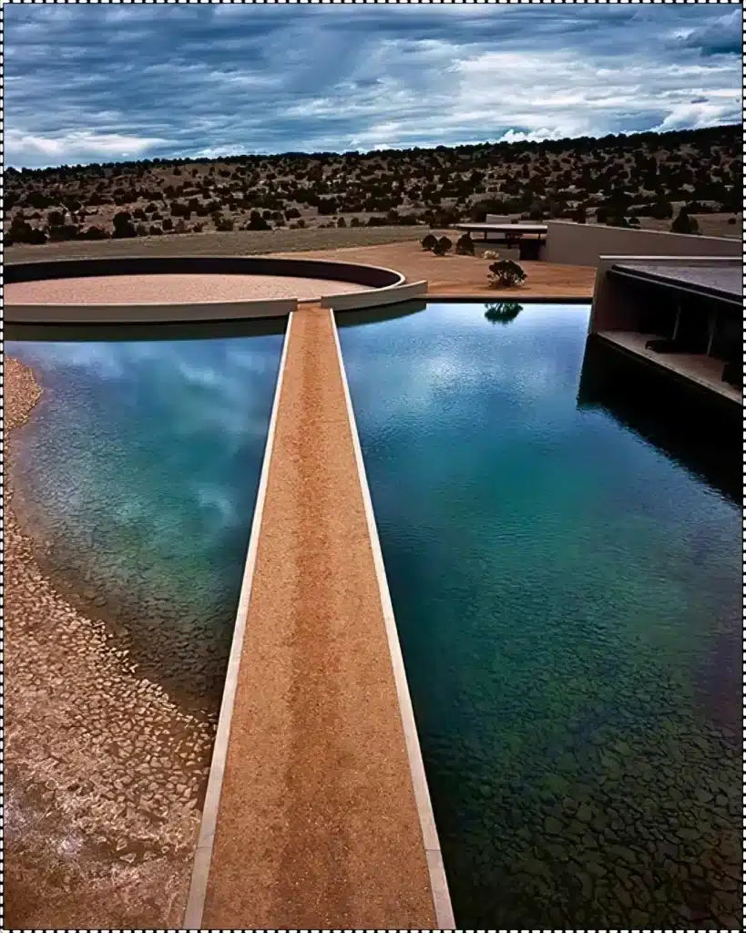 Aerial view of Tom Ford's Cerro Pelon Ranch in New Mexico, showcasing minimalist architecture and vast landscapes.