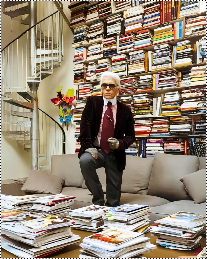 Karl Lagerfeld in his Paris library, surrounded by books, a spiral staircase, and modern art.