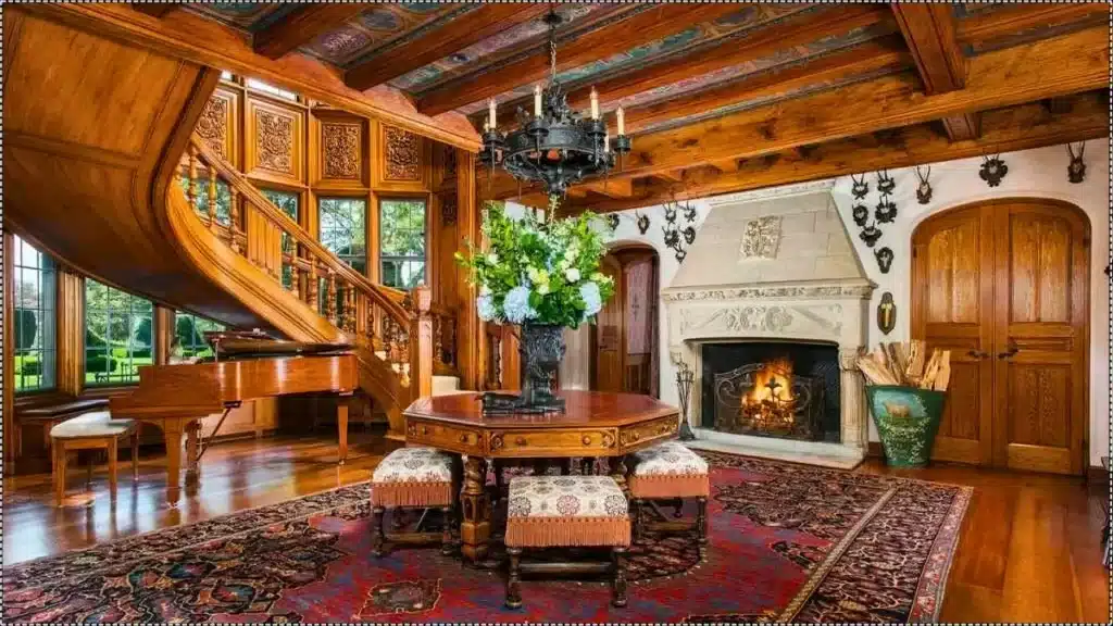 Ornate grand staircase inside Tommy Hilfiger’s Greenwich estate, showcasing intricate woodwork and a grand piano.