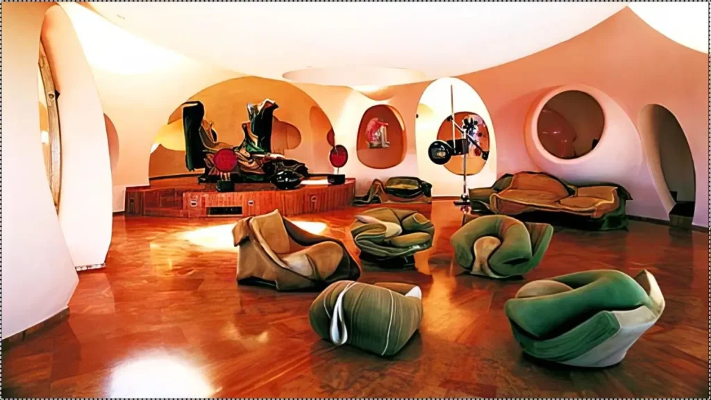 Futuristic interior of the Bubble Palace in Cannes, featuring custom-designed furniture and organic architecture.