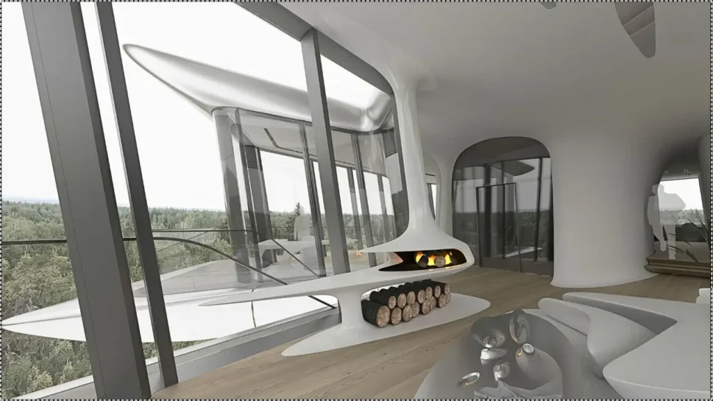 Sleek interior of Naomi Campbell’s Moscow home, featuring a minimalist fireplace and panoramic views.